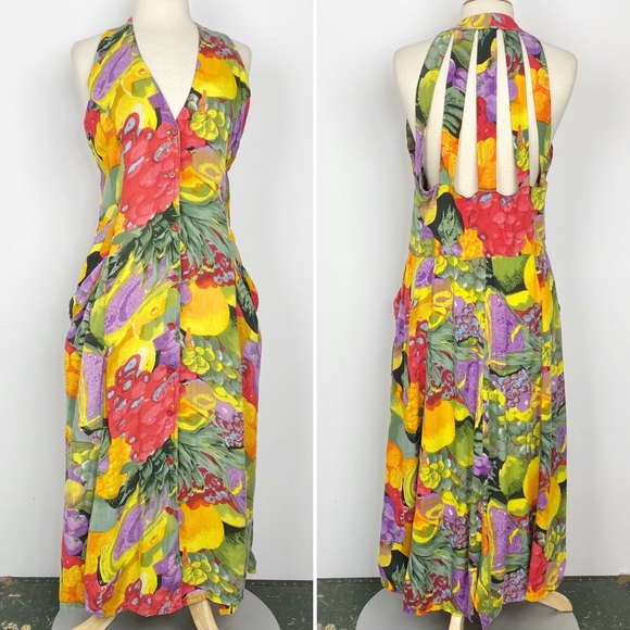 Vintage Dresses & Skirts - Vtg 80s 90s bright floral fruit print summer dress